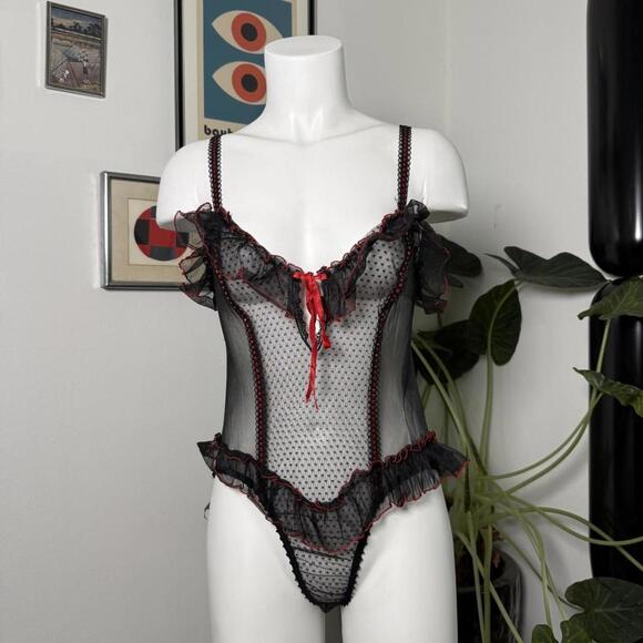 Other - Black & red polka dot mesh lingerie top with ruffles and bow detail
